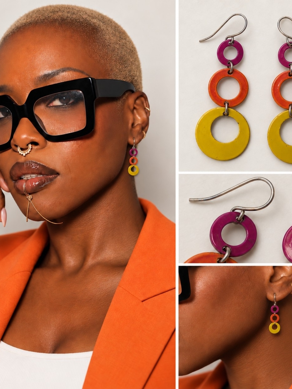 Colorblock Triple Hoop Drop Earrings - Pink, Orange & Yellow